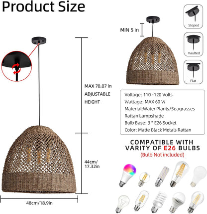 19" Rattan Pendant Light,Hand-Woven Rustic Wicker Hanging Light 3-Light Seagrass Ceiling Chandelier Oval Water Plants Rattan Chandelier for Dining Living Bedroom Kitchen Farmhouse