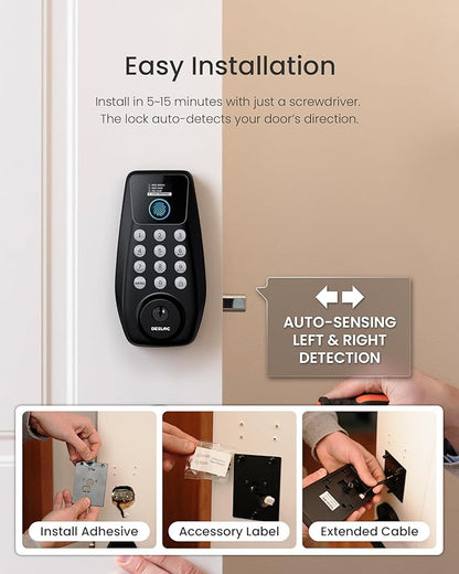 DESLOC C110 Keyless Entry Door Lock with Handle Set&Display (Smart Screen), Fingerprint Door Locks, Keypad Deadbolt, Auto-Lock, Backlit Keys, Passage Mode, IP54 Waterproof