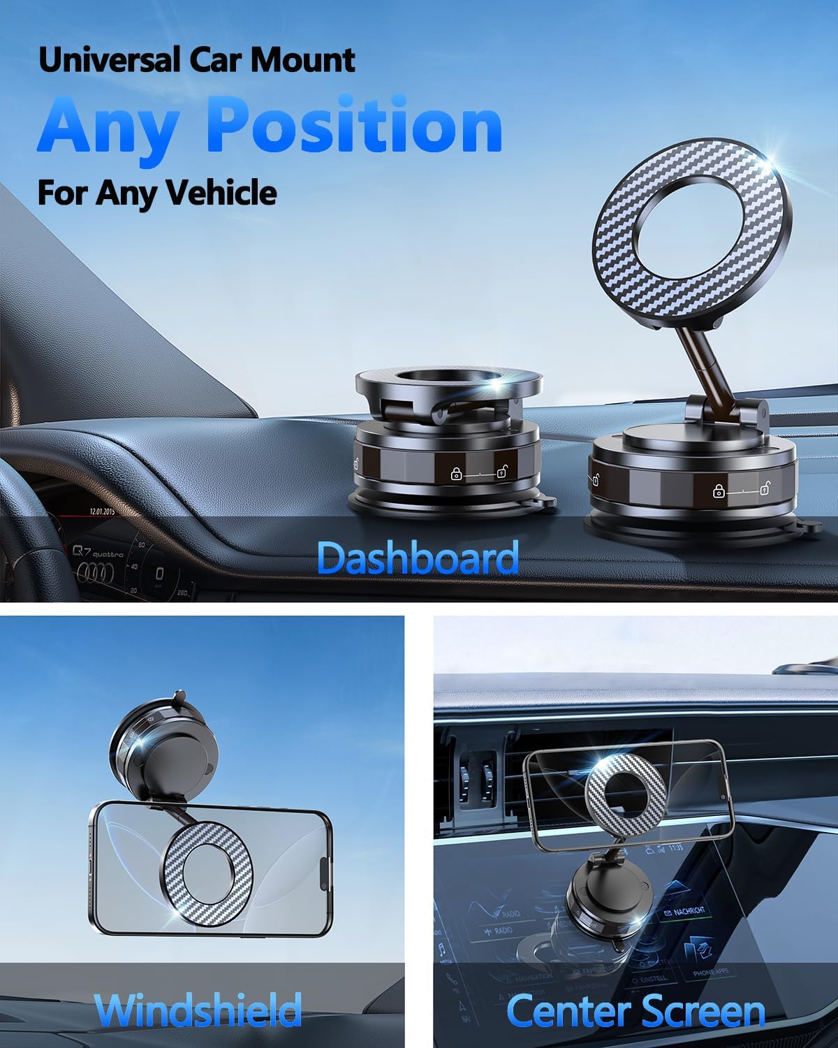 Vacuum Magnetic Car Phone Holder for Magsafe [89+LBS Suction & 3200gf Magnetic] 360° Adjustable Ultra Suction Cup Phone Holders for Your Car/Gym/Mirror, Car Mount for iPhone & Android (Black)