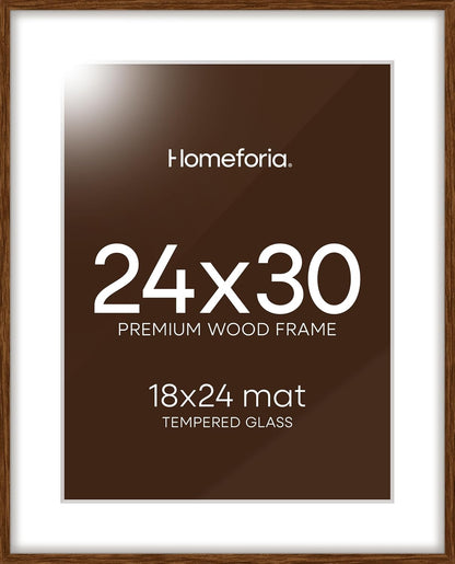 Homeforia 24x30 Walnut Frame, High End Oak 24 x 30 Wooden Poster Frame with Mat 18 x 24, 30x24 Large Picture Frames for Wall, 24x30 Brown Wood Frame Matted to 18x24, Tempered Glass, Wall Kit, Set of 1