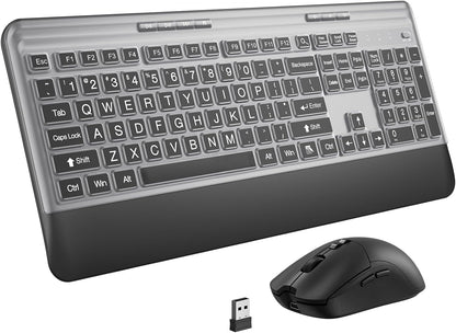 Silent Wireless Keyboard and Mouse Combo - Keyboard with Large Print Cover, 2.4GHz Full-Sized Ergonomic Keyboard with Wrist Rest and Mouse for Laptop, PC, Notebook, Desktop