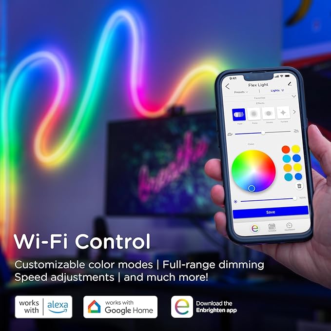 Enbrighten Vibe Spectrum LED Neon Rope Lights, Indoor Smart Light, Color Changing RGBWIC LEDs for Bedroom with Tunable White, Alexa & Google Home Compatible, 16ft, White 83254