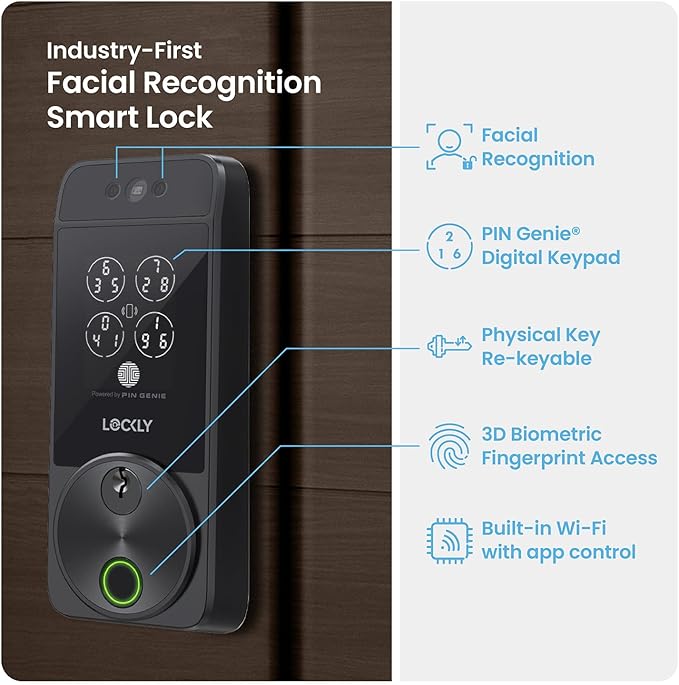 Lockly Visage Zeno Series Smart Lock, Facial Recognition & Fingerprint Keyless Entry Door Lock, Built-in Wi-Fi Deadbolt with Apple Home Key, PIN Genie Keypad, App Remote Control (Matte Black)