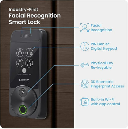 Lockly Visage Zeno Series Smart Lock, Facial Recognition & Fingerprint Keyless Entry Door Lock, Built-in Wi-Fi Deadbolt with Apple Home Key, PIN Genie Keypad, App Remote Control (Matte Black)
