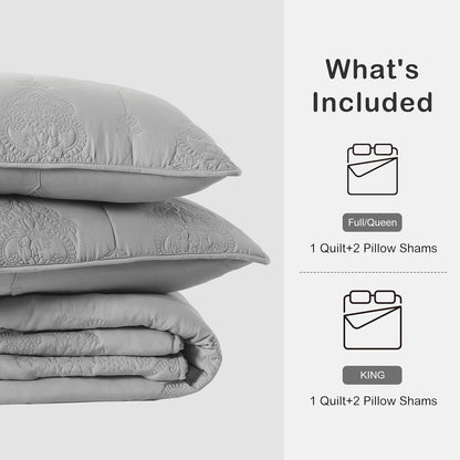 HORIMOTE HOME Grey Quilt Queen Size Floral Quilt Bedspread Lightweight Soft Pre-Washed Microfiber Bedcover, 3 Pieces Thin Comforter Bed Cover Bedding Set for All Season