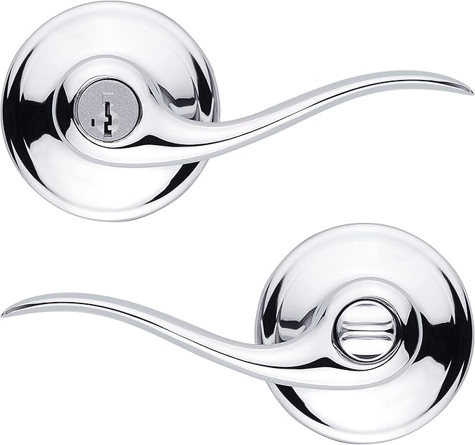 Kwikset Tustin Entry Door Handle with Lock and Key, Secure Keyed Reversible Lever Exterior, Doorlock, For Front Entrance and Bedrooms, Polished Chrome, Pick Resistant Smartkey Rekey Security