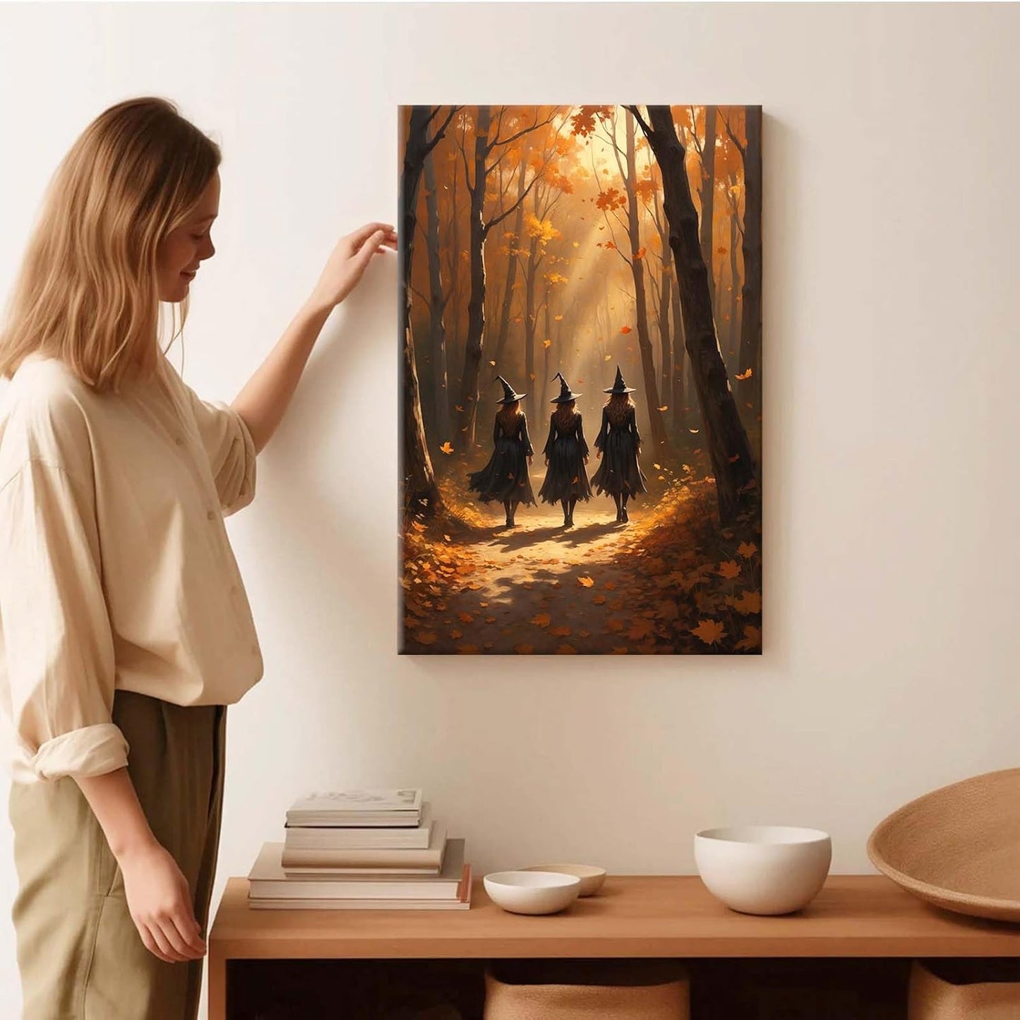 JFHCQJPK Three witches walking in the forest in autumn canvas painting gothic poster halloween print country witch wall art for home decoration20x30in Frameless