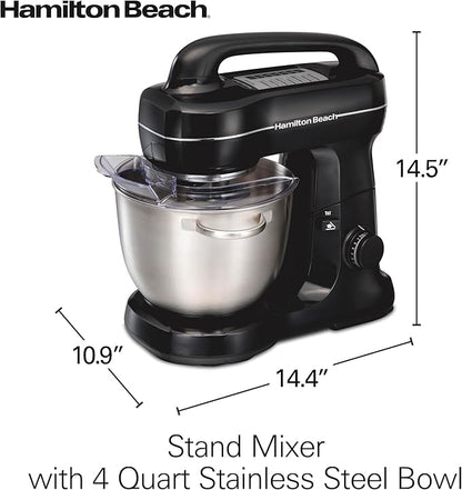 Hamilton Beach Electric Stand Mixer, 4 Quarts, Dough Hook, Flat Beater Attachments, Splash Guard 7 Speeds with Whisk, Easy-Carry Top Handle, Black