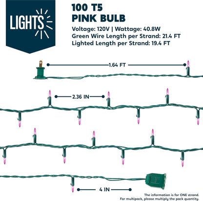Joiedomi Pink Christmas String Lights,100 Count 21.4FT Fairy Tree Lights Plug in for Indoor Outdoor Xmas Valentines Decor Patio Holiday Theme Party Yard House,Green Wire