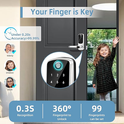Smart Lock with Handle Set, Biometric Fingerprint Keyless Entry Deadbolt, Electronic Digital Keypad with App Control & Auto-Lock for Front Door, Home, Airbnb & Rental, Satin Nickel