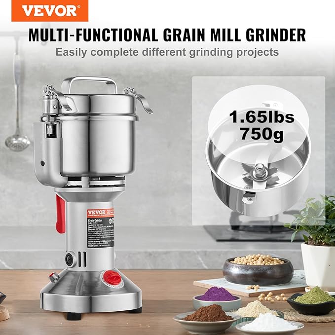VEVOR 750g Electric Grain Mill Grinder, High Speed 2000W Commercial Spice Grinders, Stainless Steel Pulverizer Powder Machine, for Dry Grains Spices Cereals Coffee Corn Pepper, Straight Type
