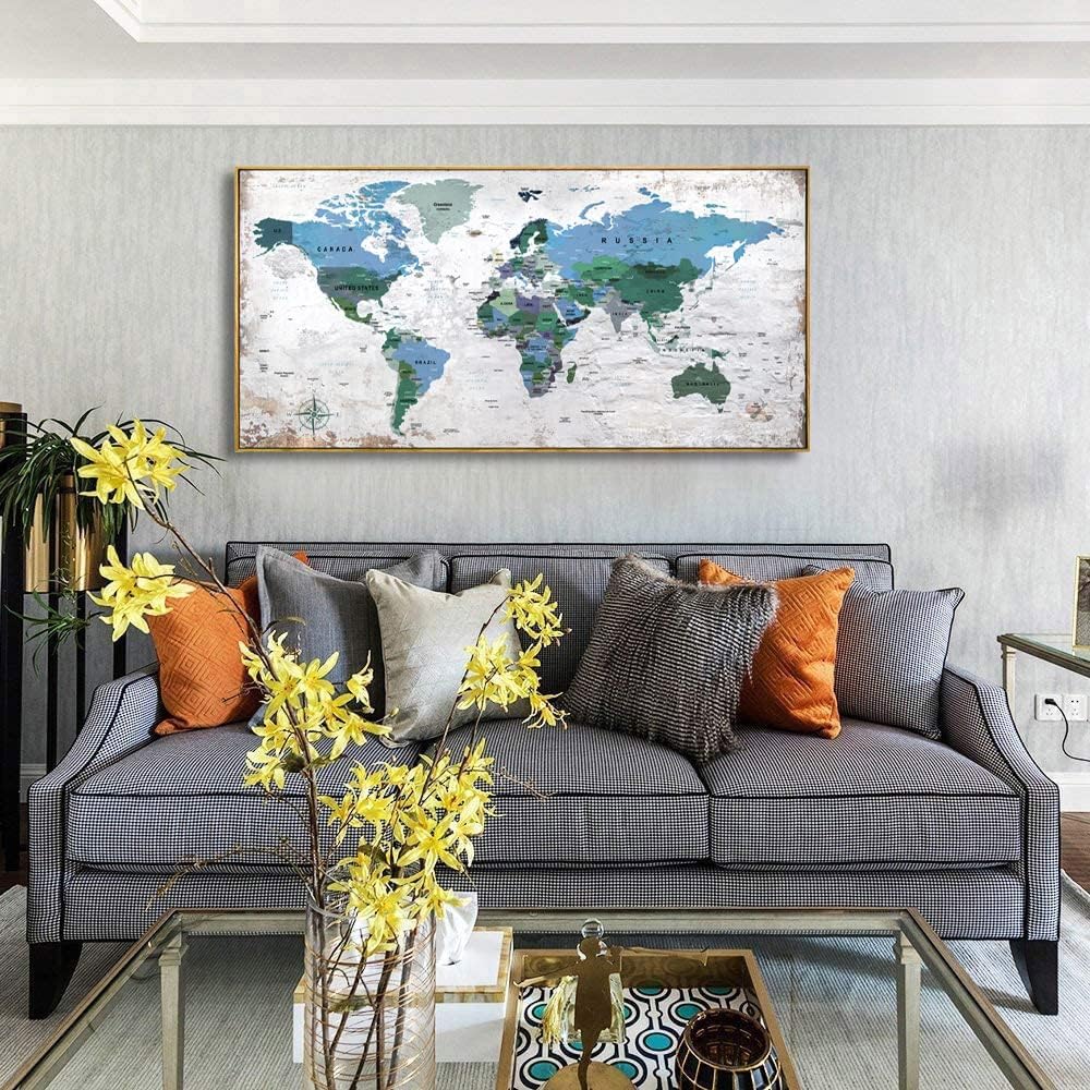 Framed Wall Art World Map Wall Art Canvas Picture 20inchx40inch Large Blue Map of The World Canvas Painting Artwork Prints for Office Wall Decor Home Living Room Decorations Framed Ready to Hang