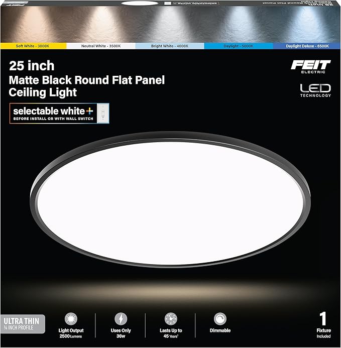 Feit Electric 25in Selectable White Ceiling Light, 2500 Lumens, 5 Color Temperatures (2700K-6500K), Dimmable, 36W Flush Mount, Perfect for Office, Kitchen, and Living Spaces, FM25LP6WYBK