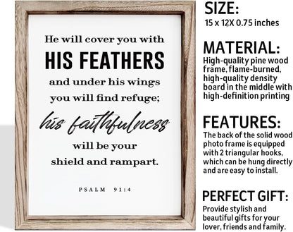 Christian Decor Signs, Framed Wall Plaque Sign 15 * 11.5 inches, Religious Home Decor, Inspirational Christian Gift for Him, He will Cover You with His Feathers Sign