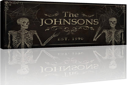 Tailored Canvases Gothic Family Wall Decor - Personalized Grunge Vintage Skeleton Room Decor for Home, Halloween Lovers, Men & Women for Bedroom, Living Room - Goth Spooky, Custom Couple Name, 36"x12"