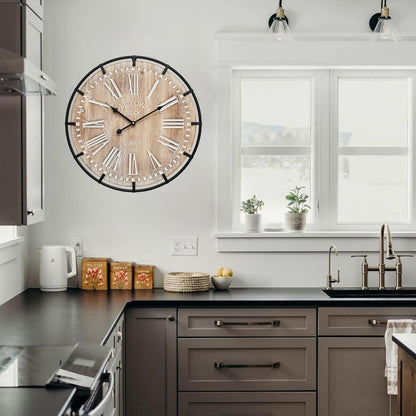 20 Inch Grand Farmhouse Wall Clock, Vintage-Inspired Wood & Metal Design with Large Etched Numbers, Silent Battery-Powered Timepiece for Offices, Kitchens, Bedrooms, and Living Rooms