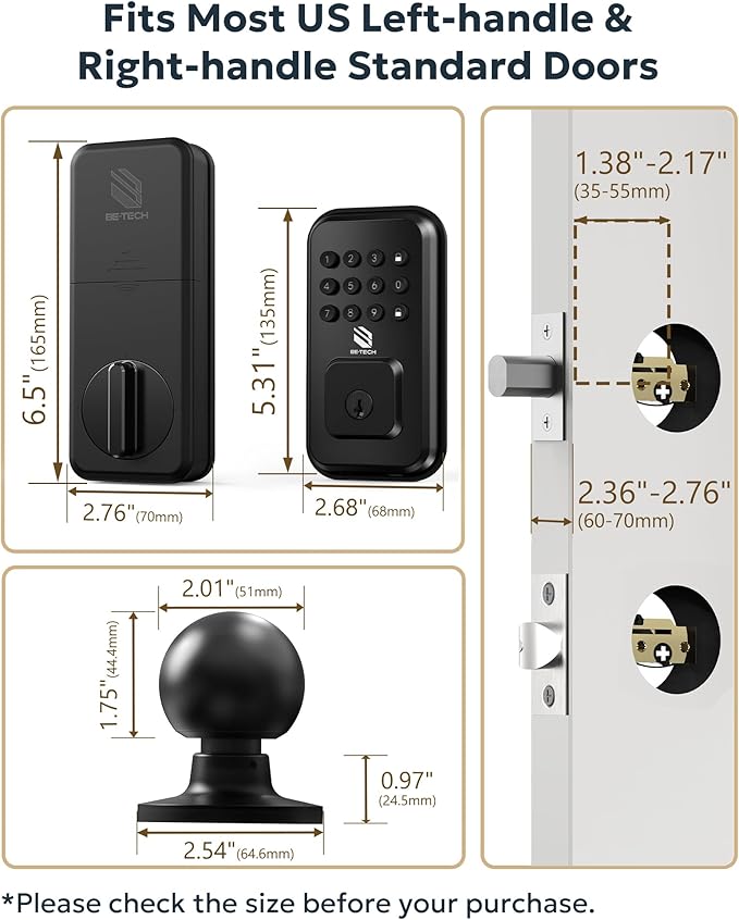 BE-TECH Keyless Entry Smart Door Lock with 2 Knob Handles, Electronic Front Door Locks Set, Digital Keypad Deadbolt, Auto Lock, One Time Codes, Anti Peeping Code, Easy Installation, Black
