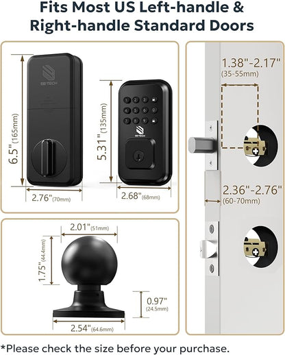 BE-TECH Keyless Entry Smart Door Lock with 2 Knob Handles, Electronic Front Door Locks Set, Digital Keypad Deadbolt, Auto Lock, One Time Codes, Anti Peeping Code, Easy Installation, Black