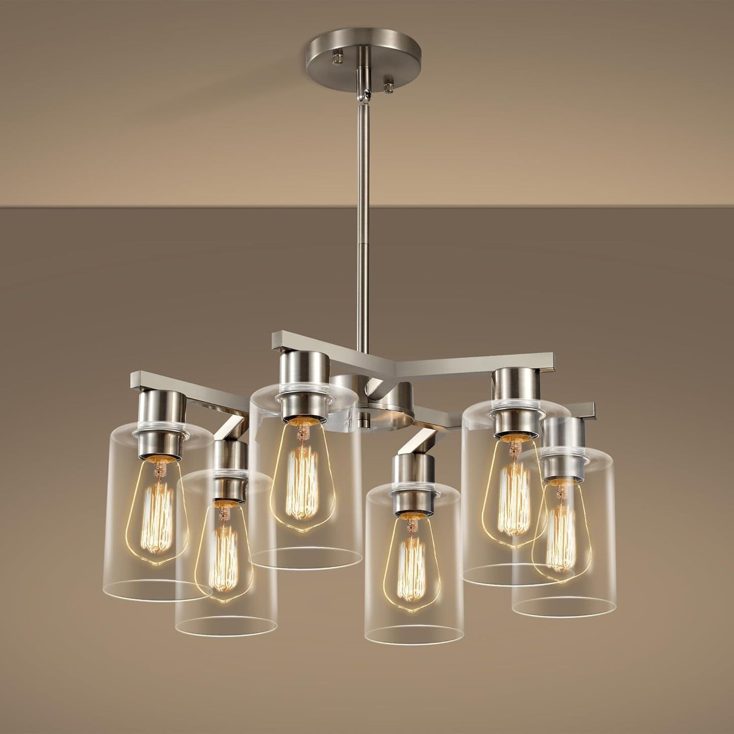 6-Light Modern Farmhouse Brushed Nickel Chandelier, Dining Room Light Fixture Over Table Adjustable Height Hanging Industrial Pendant Lights Kitchen Island, Clear Glass Shade