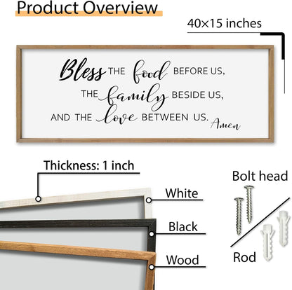 SRSZHIYUE Bless the Food Before Us Wall Sign Decor 40"×15" Christian Bible Verse for Farmhouse Rustic Kitchen Dining Room Framed Wood Scripture Religious Jesus Prayer Wall Art (Wood)