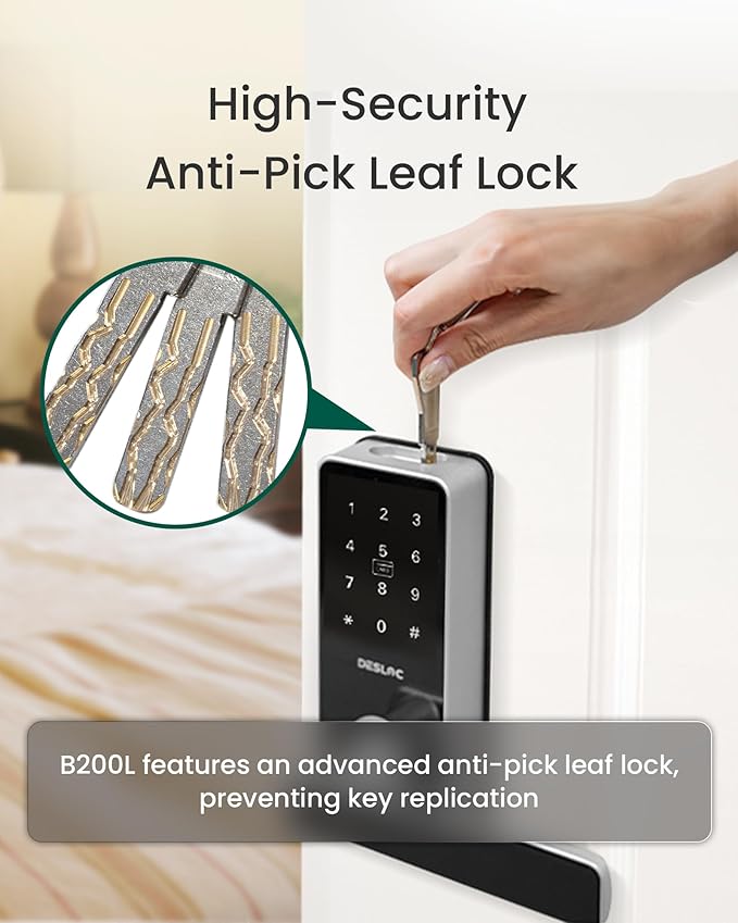 DESLOC B200L Fingerprint Smart Lock with Handle, Keyless Entry Door Locks for Front Door and Bedrooms, App Control, Touchscreen Keypad, Auto-Lock, 12-Month Battery, Emergency Power Port, IP54 Silver