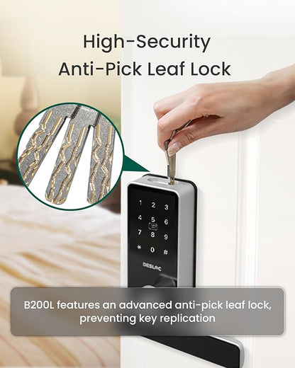 DESLOC B200L Fingerprint Smart Lock with Handle, Keyless Entry Door Locks for Front Door and Bedrooms, App Control, Touchscreen Keypad, Auto-Lock, 12-Month Battery, Emergency Power Port, IP54 Silver