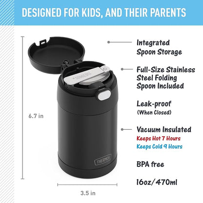THERMOS FUNTAINER Insulated Stainless Steel Food Jar, 16 Ounce, Kids Lunch with Foldable Spoon, Push-Button Lid, Matte Black