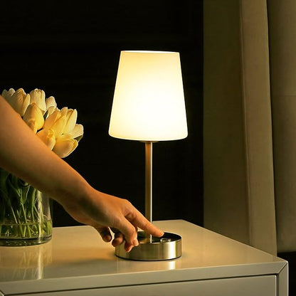 JONATHAN Y 12.75" Nickel Modern Rechargeable Cordless LED Table Lamp, Mini Portable Dimmable Touch Accent Lamp for Bedroom Vanity with Frosted White Glass Shade JYL7110A
