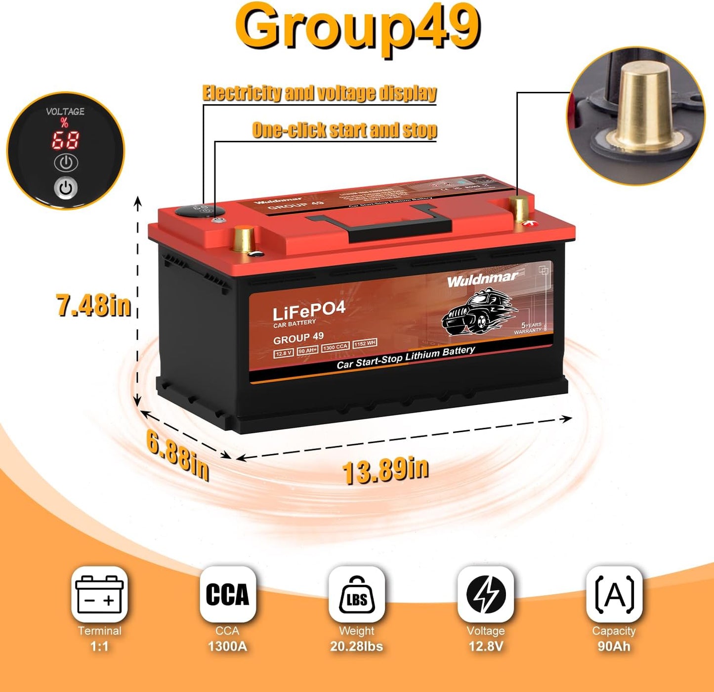 High Performance Lithium Car Battery - G49 12V 90AH with 1300CCA for Start-Stop Systems Auto
