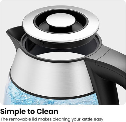 CHEFMAN Electric Kettle - 1.2L 1500W Hot Water Tea Pot with Infuser, BPA Free, Auto Shut Off, Boil-Dry Protection, Removable Lid, LED Light, Cordless Glass Electric Tea Kettle – Stainless Steel