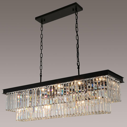 Crystal Chandeliers for Dining Room Light Fixtures Over Table，15-Lights Black Modern Rectangle Chandeliers for Kitchen Island Bar L40 Inch