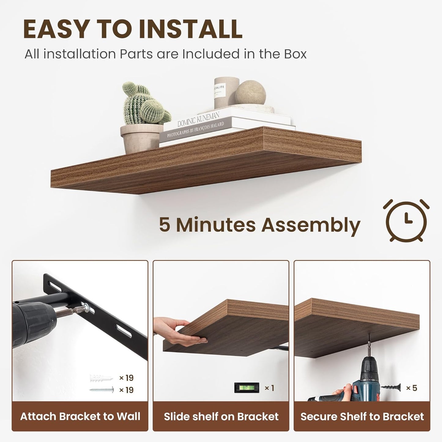 24 Inch Floating Shelves, 12 Inch Deep Floating Shelves for Wall, Floating Shelf with Invisible Brackets, Deep Shelves for Bathroom, Bedroom, Living Room, 2 Pack, Walnut