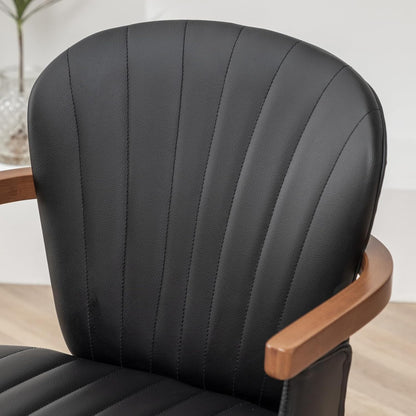 LUNLING Swivel Dining Chairs, Mid Century Modern Black Faux Leather Kitchen Chairs with Arms,Bamboo Legs Side Chairs No Wheels,Accent Chair for Dining Rooms and Offices,1PCS