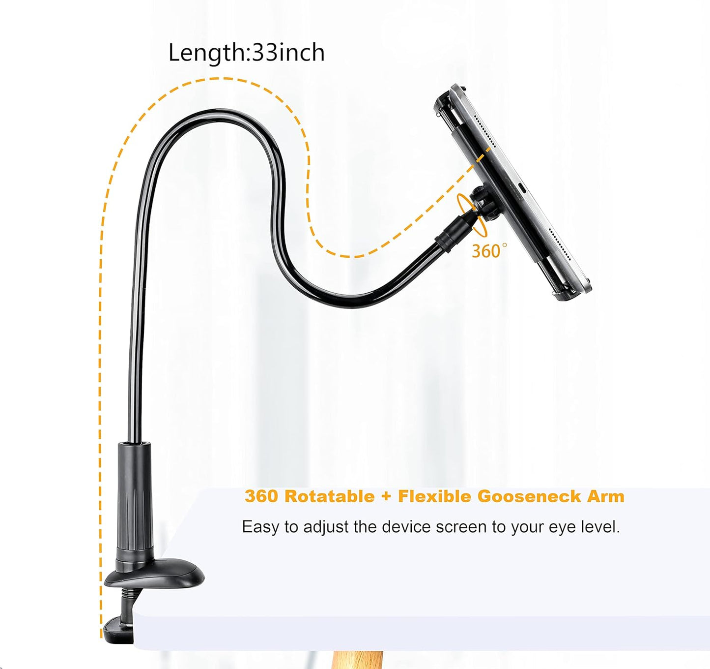 Gooseneck Tablet Phone Holder | Kindle Stand Holder for Bed | 33in Flexible Long Arm Clamp Clip Mount for iPhone, iPad, Switch, Galaxy Tabs, Kindle Fire, 4.7''-11'' Tablet Devices