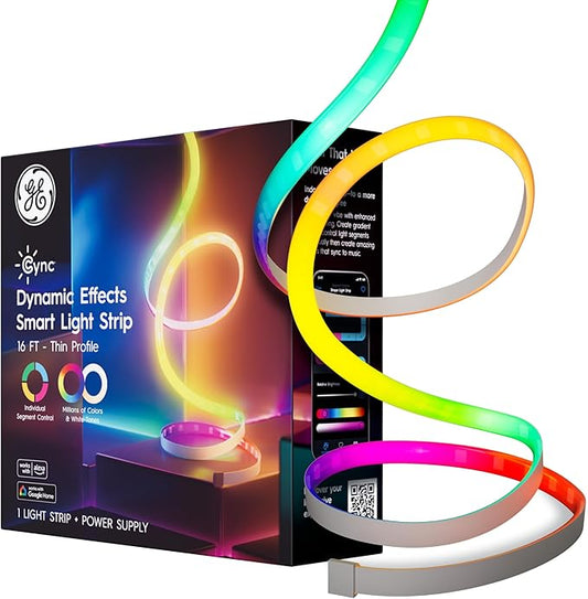 GE Cync Dynamic Effects Smart LED Light Strip with Music Sync, Color Changing WiFi Lights, Indoor Light Strip, Compatible with Alexa and Google Home, 16ft and Power Supply