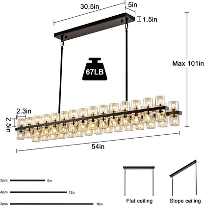 Crystal Black Rectangular Chandelier Light Fixture,54 in Dining Room Chandeliers Over Table,Modern Chandeliers For Living Room,Arcachon Chandelier,Kitchen Island Chandeliers Includes 60xG4 Bulbs