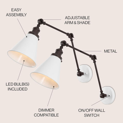 JONATHAN Y JYL7462C-SET2 Rover 7" Classic Industrial Metal Adjustable Arm LED Wall Sconce, White/Oil Rubbed Bronze (Set of 2) for Bedroom, Bathroom, Vanity