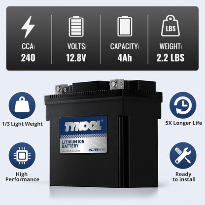 TYKOOL LFP9A-A,YB9-B,240CCA,3X Cranking Amps,LiFePO4 Lithium Motorcycle Battery,12V 4AH,Digital Readout,Fits for 125cc Benelli and Gilera,Triumph 750cc,Aprilia Sport City,Piaggio Typhoon Scooter