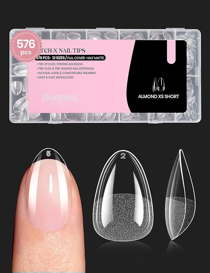 Beetles Gel Nail Tips 576Pcs Extra Short Almond Fake Nails Etch-X Half Matte Press on Nail Tips Full Cover Gifts for Women Gel Nail Polish Extensions Set