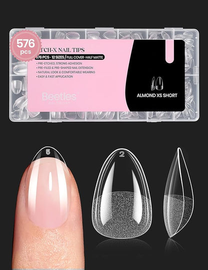 Beetles Gel Nail Tips 576Pcs Extra Short Almond Fake Nails Etch-X Half Matte Press on Nail Tips Full Cover Gifts for Women Gel Nail Polish Extensions Set