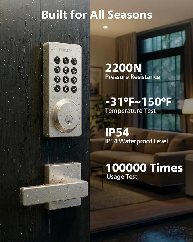 Philips WiFi Smart Door Lock with Handle, Built-in WiFi App Remote Control, Keyless Entry Door Locks for Front Door, Smart Deadbolt Auto Lock, Support Alexa & Google, IP54 Waterproof, Satin Nickel