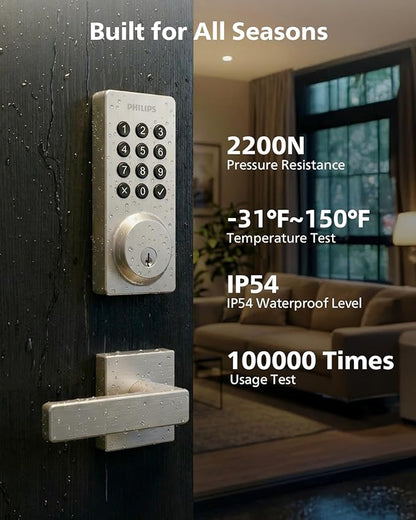 Philips WiFi Smart Door Lock with Handle, Built-in WiFi App Remote Control, Keyless Entry Door Locks for Front Door, Smart Deadbolt Auto Lock, Support Alexa & Google, IP54 Waterproof, Satin Nickel