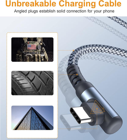 USB Type C Cable Right Angle [2-Pack, 6.6FT+20FT], USB Type C iPhone 16 Charger Cable Nylon Braided Cord for iPhone 15 16 Pro Max Plus, Samsung Galaxy S25 S24 S23 S22 S21 S10 S9 Note 20 10,Moto,PS5