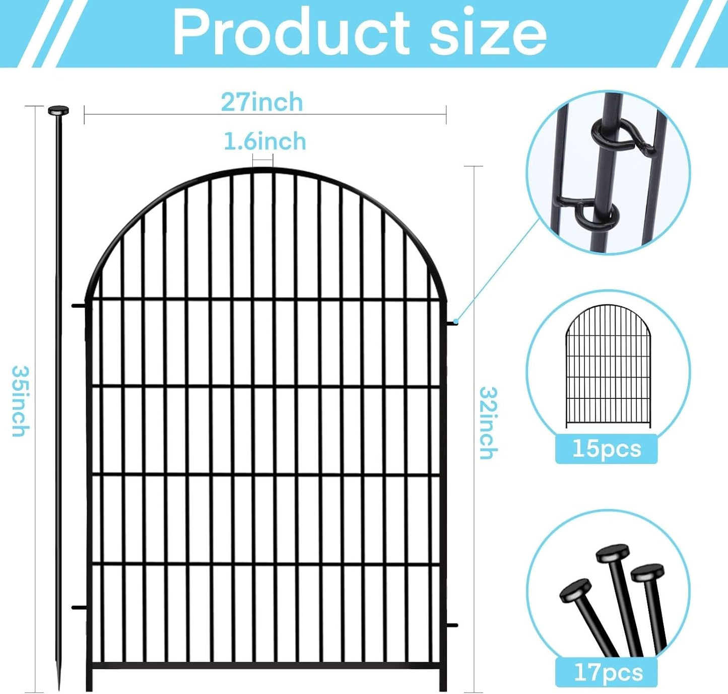 Tall Garden Fence with Gate, 32 in(H) x35 Ft(L) Garden Fencing Animal Barrier, 16 Panels Dog Digging Fences Barrier, Black Rustproof Flower Fence Border, Flower Bed Fencing for Outdoor Yard