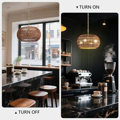 Boho Decor Pendant Light Kitchen Island,Rattan Chandeliers for Dining Room Light Fixture,Modern Farmhouse Decor Hanging Lights for Bedroom Living Room