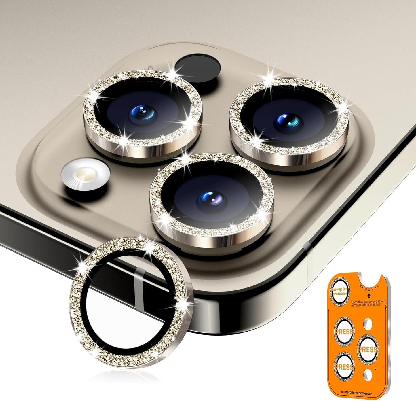 Camera Lens Protector for iPhone 16 Pro Max/16 Pro/15 Pro Max/15 Pro/14 Pro Max/14 Pro, Sapphire Glass Metal Individual Camera Cover Screen, Anti-drop, Case Friendly- Glitter Natural Titanium