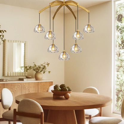 Modern Gold Chandelier, 34 inch Crystal Chandeliers for Dining Room (7-Light), Elegant Decoration Light for Living Room, Foyer Brass Chandeliers