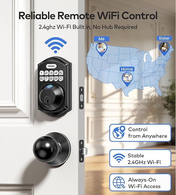 TEEHO TE012W-K WiFi Smart Keyless Entry Door Lock with Handle, Fingerprint Door Knob & Digital Keypad, APP Remote Control, Works with Alexa & Google, Electronic Deadbolt for Front Door, Matte Black