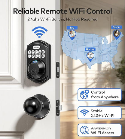 TEEHO TE012W-K WiFi Smart Keyless Entry Door Lock with Handle, Fingerprint Door Knob & Digital Keypad, APP Remote Control, Works with Alexa & Google, Electronic Deadbolt for Front Door, Matte Black