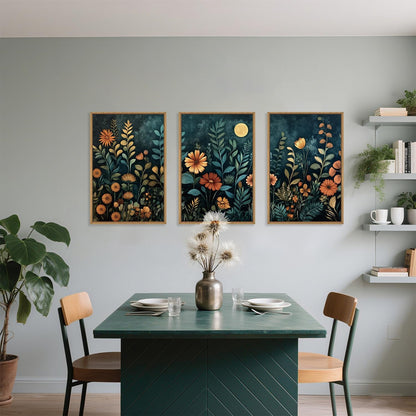 Vintage Dark Botanical Framed Canvas Wall Art Set, Colorful Floral Wall Decor, Nature Wildflower Wall Painting, Colorful Blossom Art Prints for Living Room, Bedroom, Office - 16"X24"X3